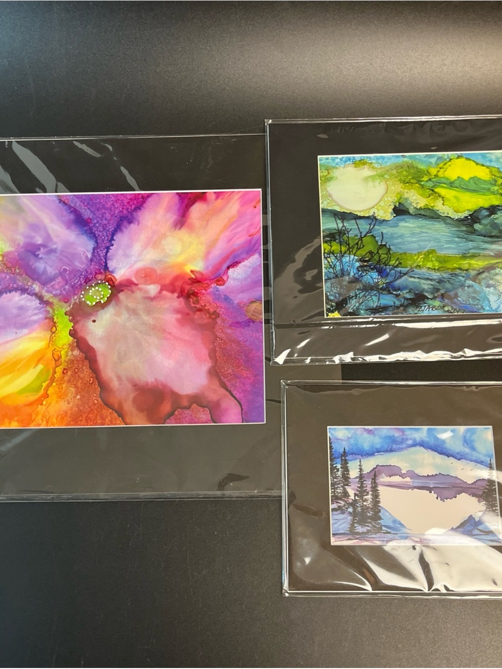 3 Matted Watercolor Print Lot Colorful Scenic Ink Wall Artwork Abstract 10"-20"